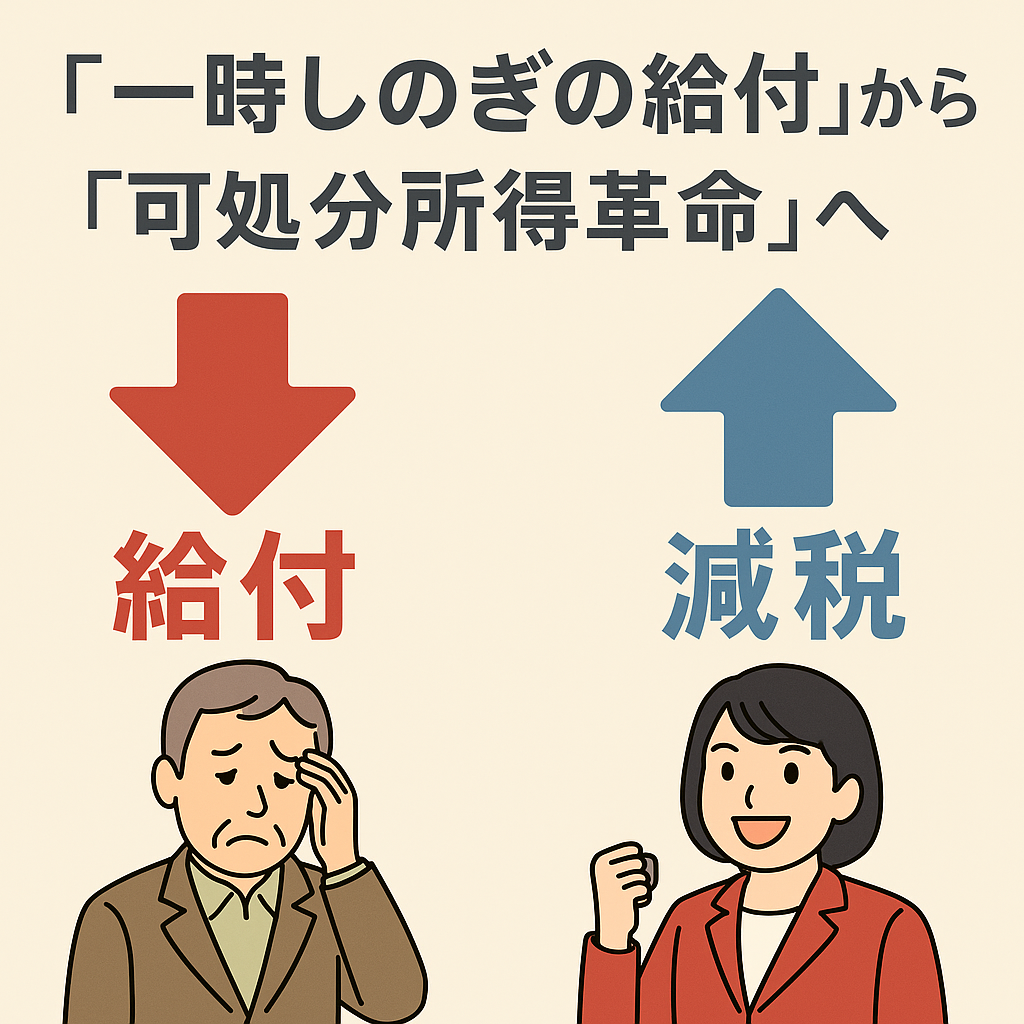 給付と減税の違い:家計とインフレへの影響を比較した図。減税は構造を変え、給付は一時しのぎ。