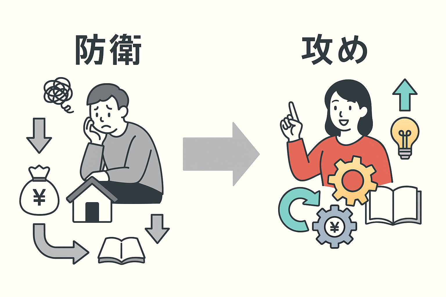 防衛の家計から攻めの家計への転換を示す図